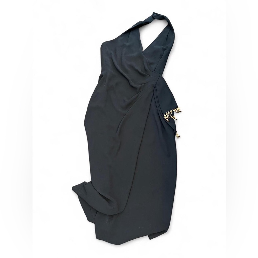 Jones New York Y2K Black Halter Wrap Evening Dress wood beads slit women’s 8